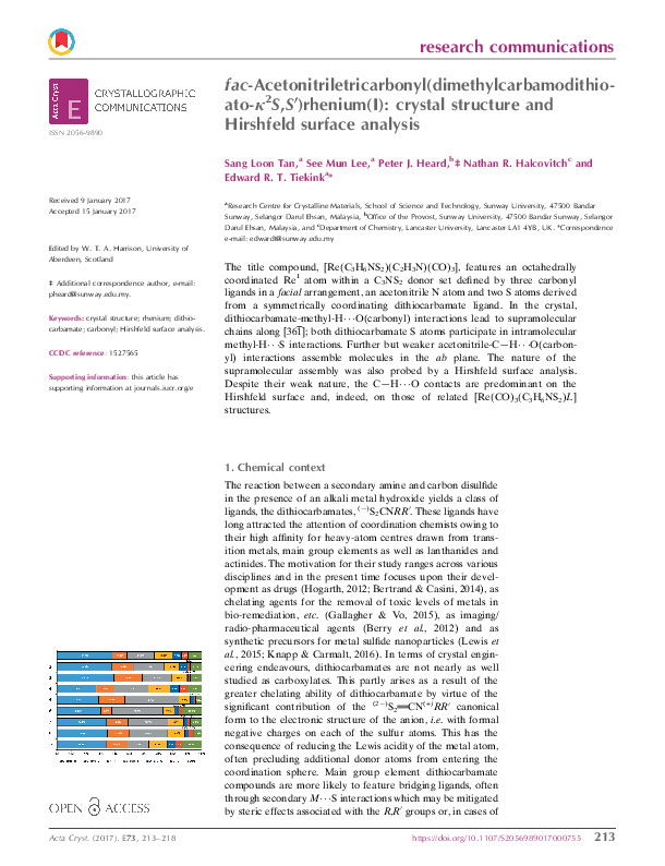 fac-Acetonitriletricarbonyl (dimethylcarbamodithioato- j2S,S00) rhenium(I): crystal structure and Hirshfeld surface analysis