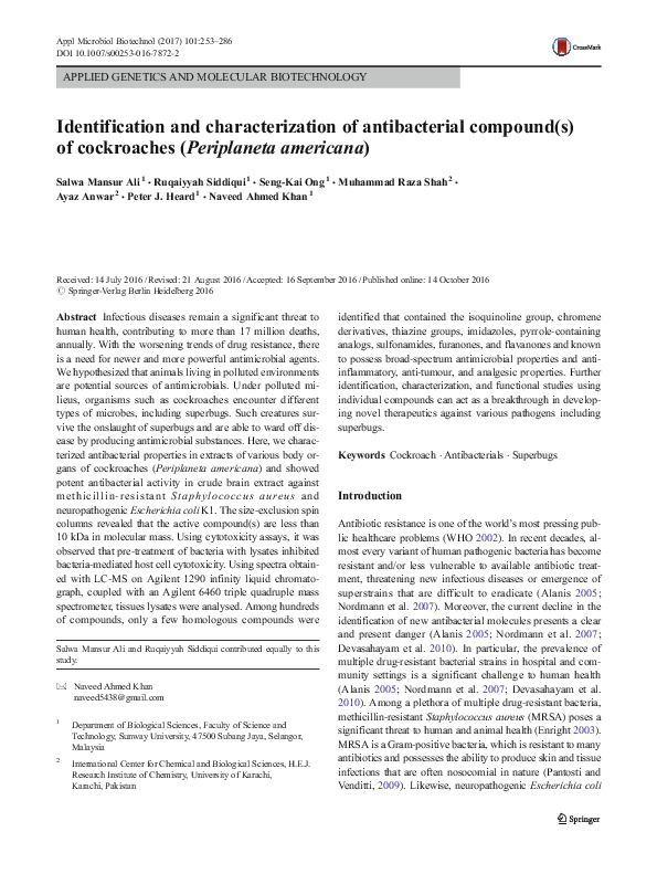 Identification and characterization of antibacterial compound(s) of cockroaches (Periplaneta Americana)