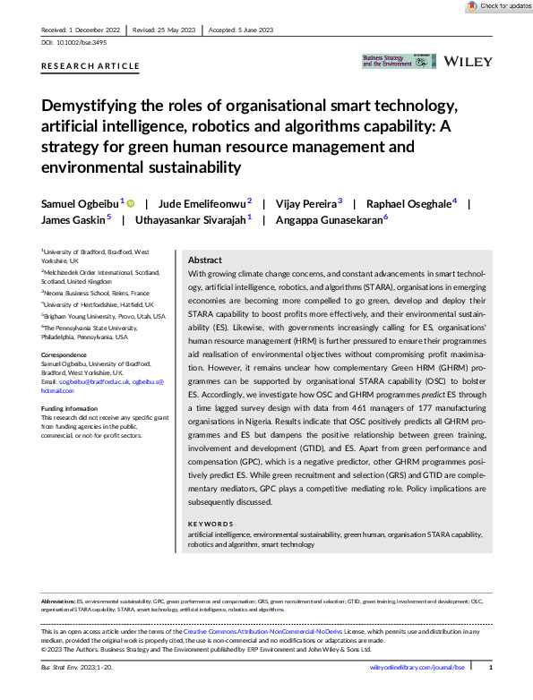 Demystifying the roles of organisational smart technology, artificial intelligence, robotics and algorithms capability: A strategy for green human resource management and environmental sustainability