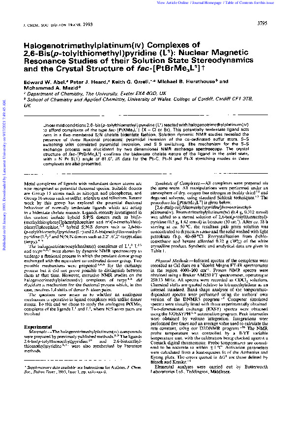 Halogenotrimethylplatinum(IV) complexes of 2,6-bis(p-tolylthiomethyl)pyridine (L1): nuclear magnetic resonance studies of their solution state stereodynamics and the crystal structure of fac-[PtBrMe3L1]