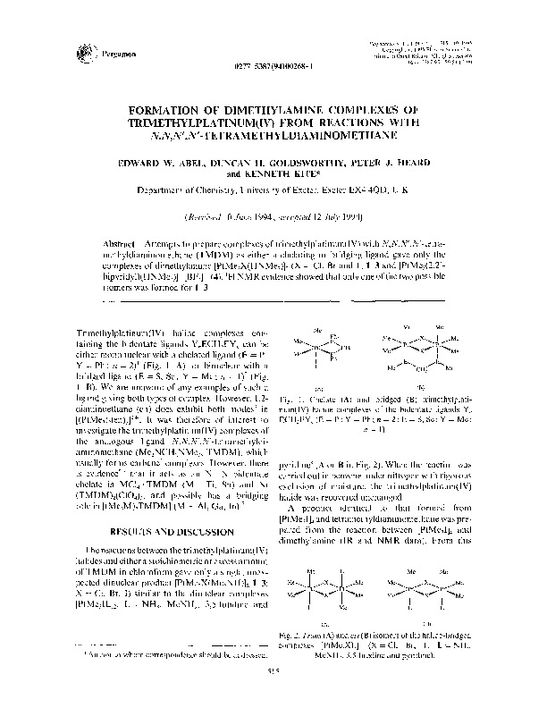 FORMATION OF DIMETHY LAMINE COMPLEXES OF TRIMETHYLPLATINUM(IV) FROM REACTIONS WITH N,N,N’,N’-TETRAMETHYLDIAMINOMETHANE