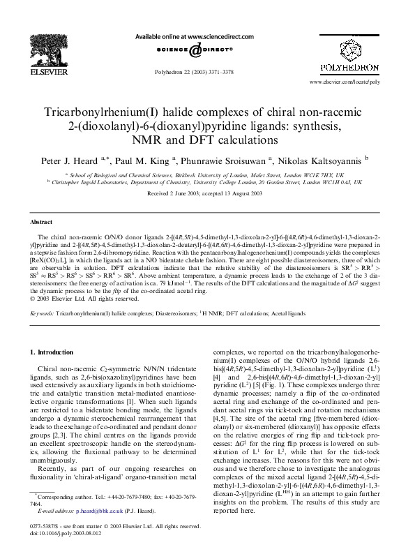 Tricarbonylrhenium(I) halide complexes of chiral non-racemic 2-(dioxolanyl)-6-(dioxanyl)pyridine ligands: synthesis, NMR and DFT calculations