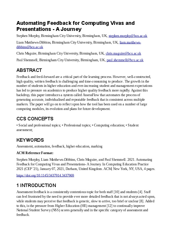 Automating Feedback for Computing Vivas and Presentations – A Journey