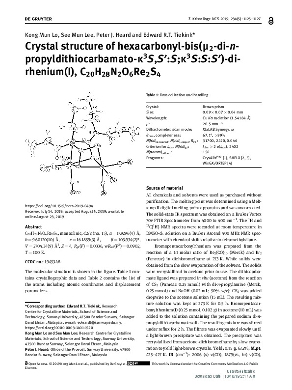 Crystal structure of hexacarbonyl-bis(μ2-di-npropyldithiocarbamato-κ3S,S′:S;κ3S:S:S′)-dirhenium(I), C20H28N2O6Re2S4