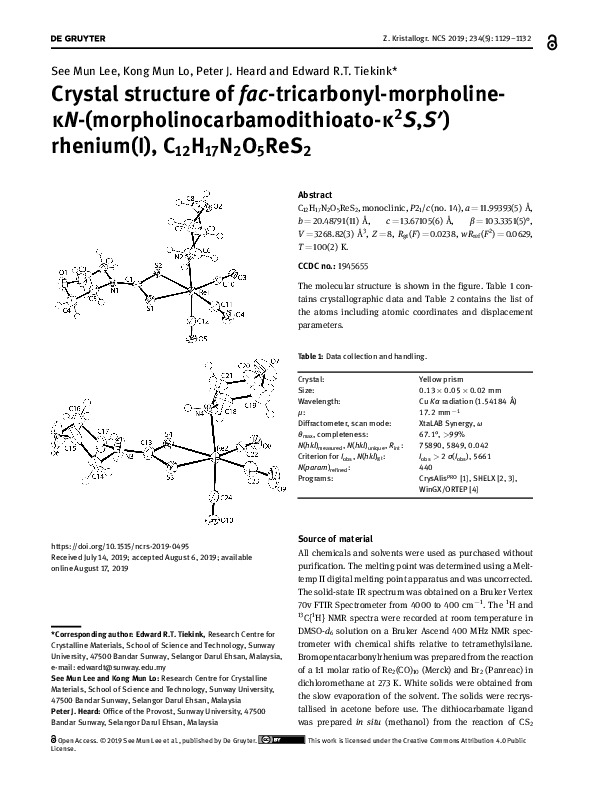 Crystal structure of fac-tricarbonyl-morpholine-κN-(morpholinocarbamodithioato-κ2S,S′) rhenium(I), C12H17N2O5ReS2