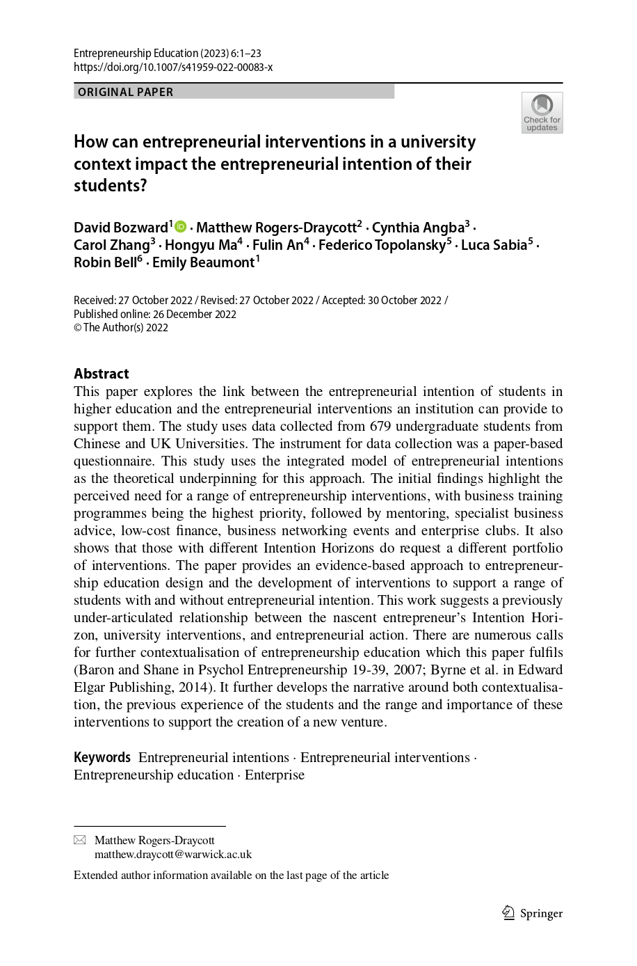 How can entrepreneurial interventions in a university context impact the entrepreneurial intention of their students?